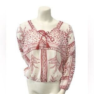 FREE PEOPLE Yo Yo Geo Peasant Blouse Womens XS Ivory/Red Sheer Boho 100% Cotton